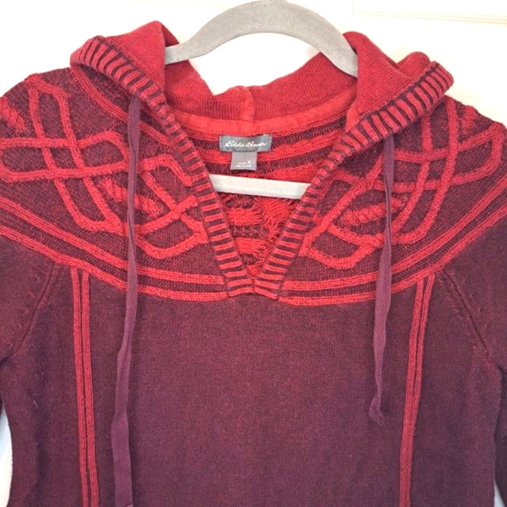 Eddie Bauer Chunky Burgundy Red Hooded Sweater Size Small - Picture 3 of 7